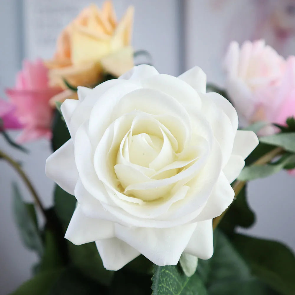Artificial silk rose bouquet with 42cm length and 8.5cm flower head in multiple colour options