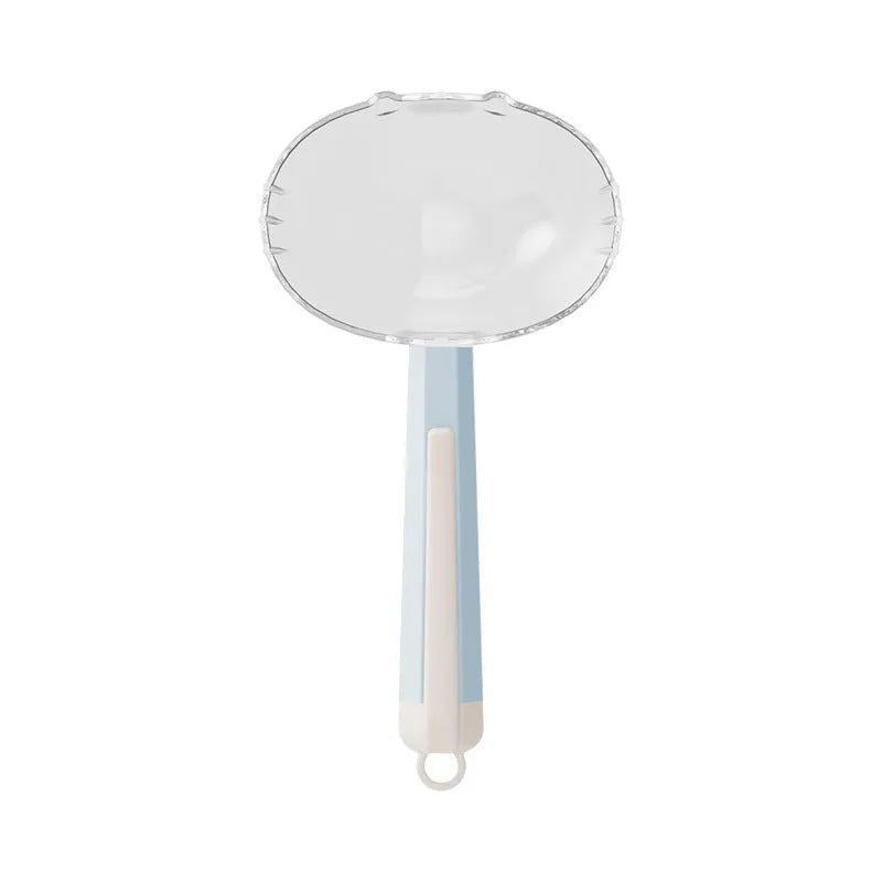Blue pet food spoon with a metal clip attached to a dog food bag.
