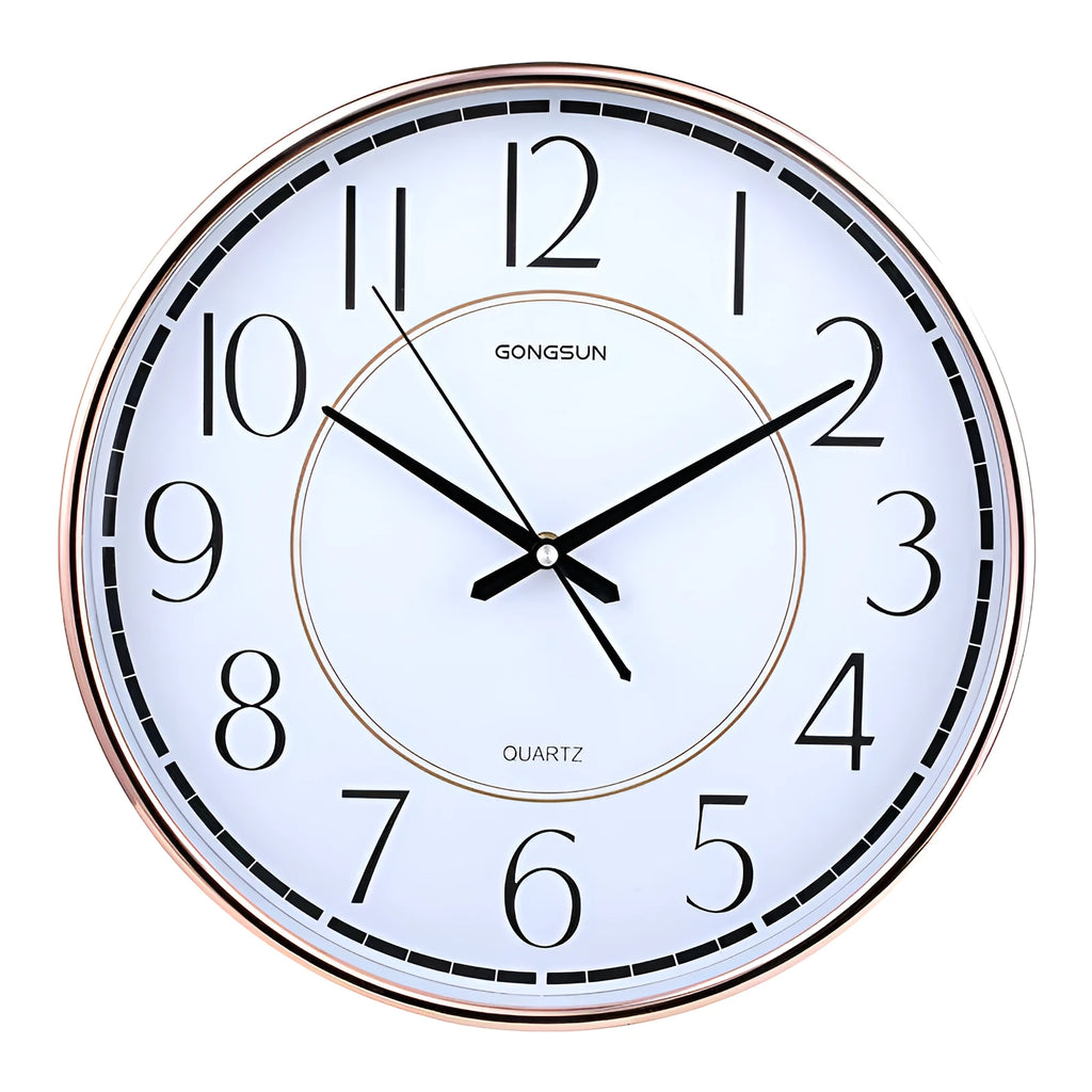 Round wall clock with Nordic design, 14 inch, white dial with black numbers, glass mirror cover