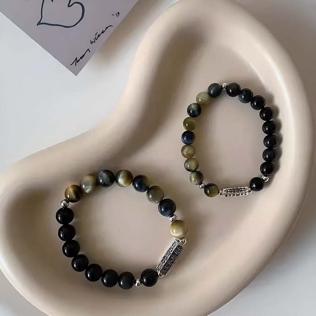 Tigereye Obsidian S925 Sterling Silver Six Words Mantra couple bracelet set for men and women