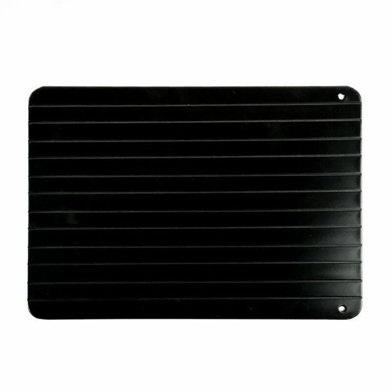 Black rectangular aluminium fast defrost tray for thawing frozen meat and fish