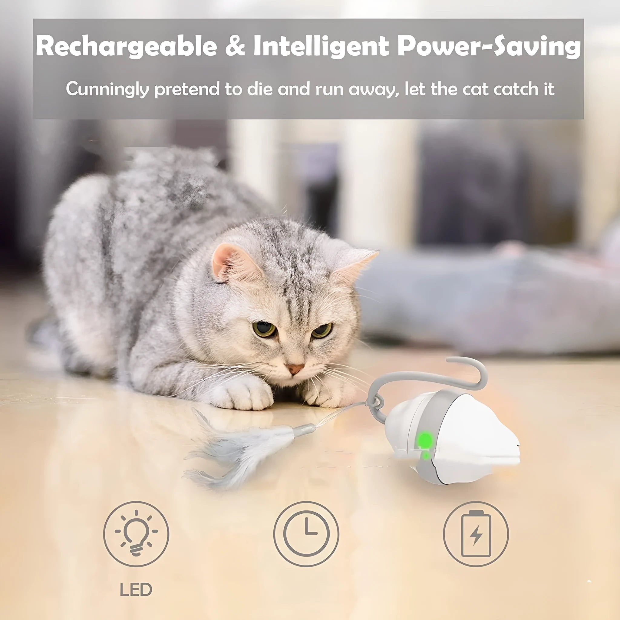 Gray 360 rolling mouse cat toy with feather teaser on plastic body, 11x8.5x6cm