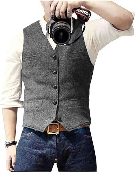 Fashion casual herringbone men's vest in slim fit viscose, available in multiple colours including brown and navy blue
