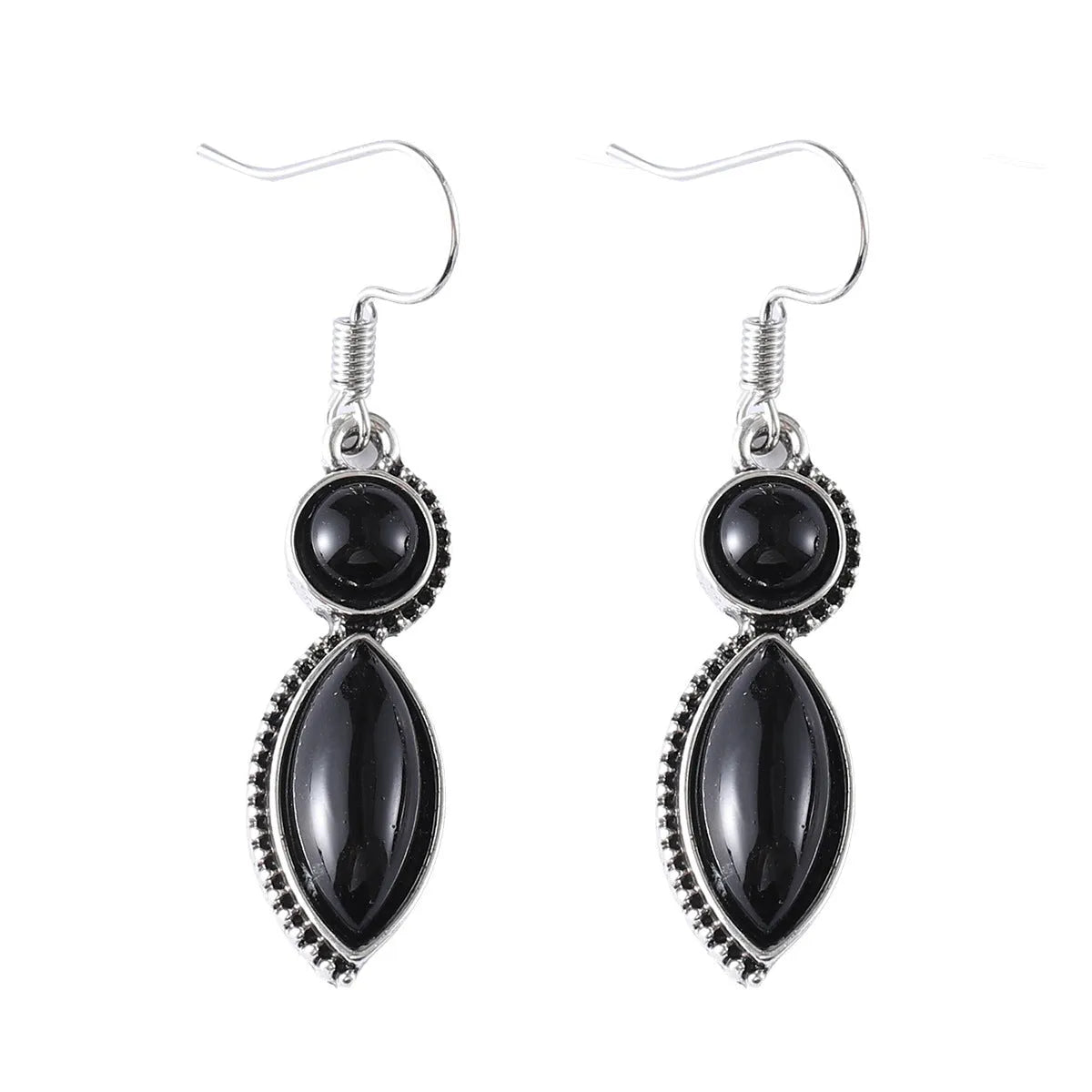 A pair of vintage-style geometric drop earrings with a round detail in black and purple electroplated zinc alloy.