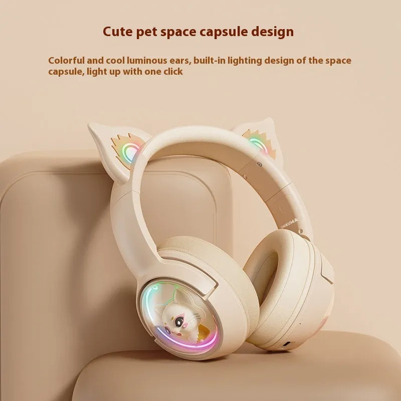 Wireless Bluetooth headset for girls in pink with on-ear design and breathing light