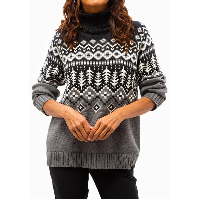 Women's jacquard turtleneck fall winter inner wear sweater in blue, long sleeve pullover retro style