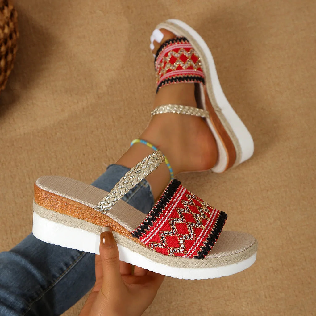 Women's colour-blocked wave-patterned sandals with thick rubber sole in beige