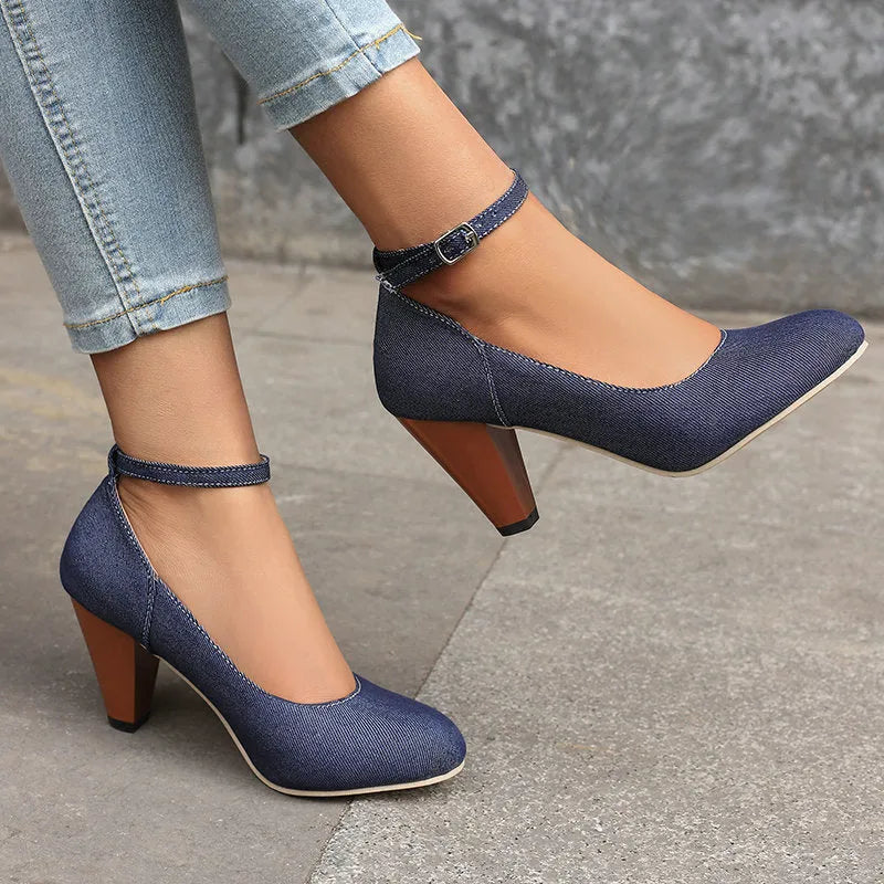 Women's blue denim waterproof platform high heel shoes with buckle fastening and round toe