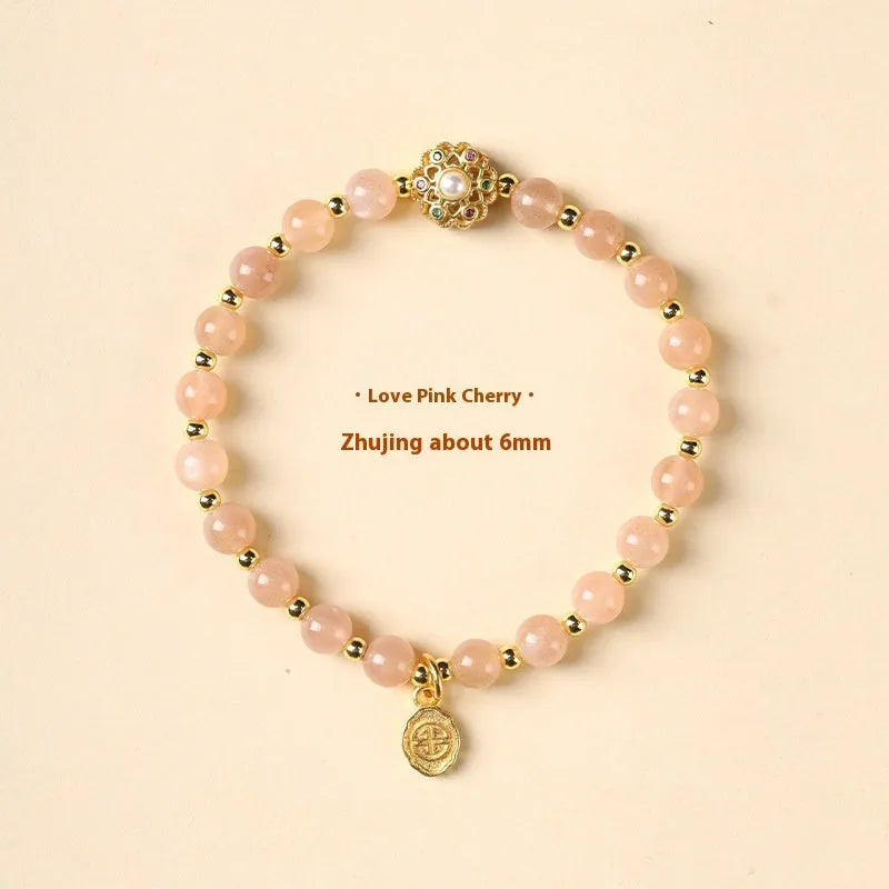 Hand-woven crystal bracelet with grey moonstone, sunstone, and strawberry quartz 6mm beads