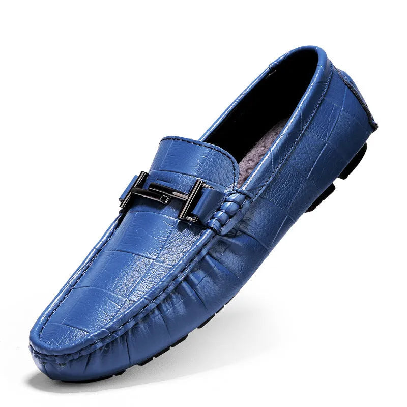 Men's casual leather loafers with buckle detail in multiple colour options showing leather upper and rubber sole