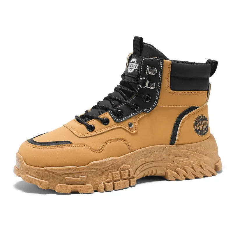 Men's black and yellow Martin boots with artificial PU upper and mid heel