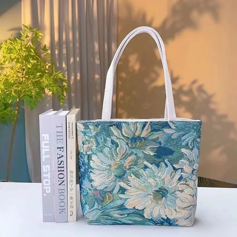 Double-sided gold wire embroidered canvas handbag in small, medium, and large sizes with patterned options.