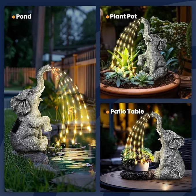 Outdoor garden elephant statue made from resin with integrated LED light strip.