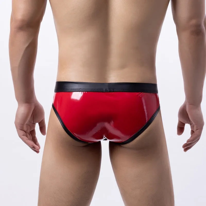Men's gold low waist polyester bikini swim briefs on a white background.