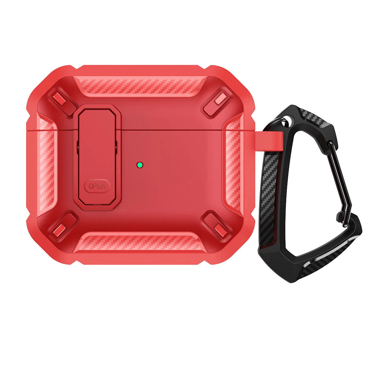 Clamshell plastic protective case for AirPods in two-colour Black and Yellow design with a metal hook attached.