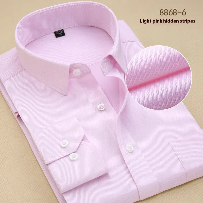 Men's black long sleeve cotton shirt in business slim fit style on a hanger
