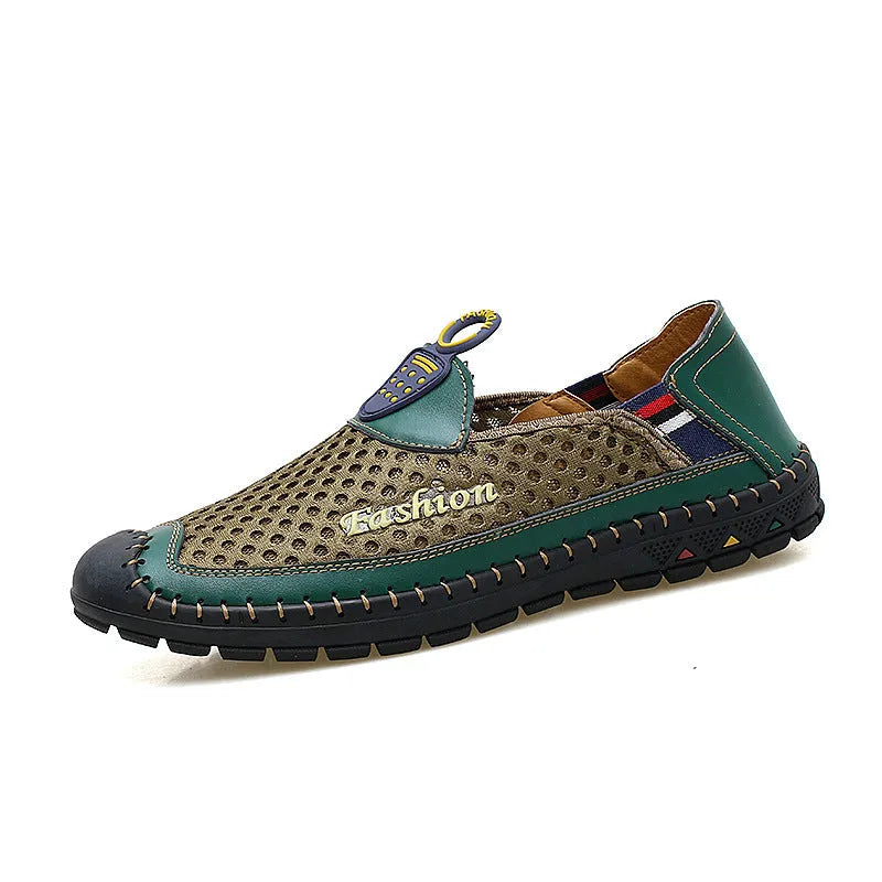 Men's brown casual mesh shoes with a round toe and non-slip rubber sole on a plain background.