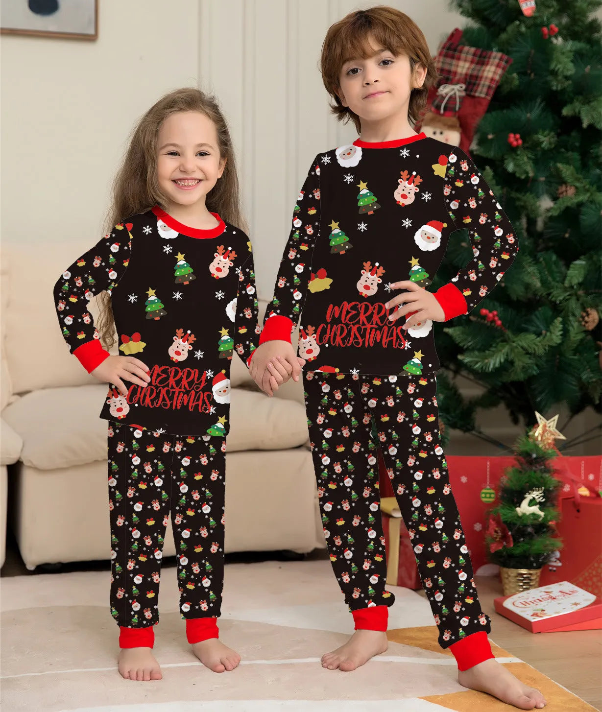 Family wearing matching Christmas pyjamas with plaid and cartoon prints, including adults, children and a dog in coordinated sleepwear