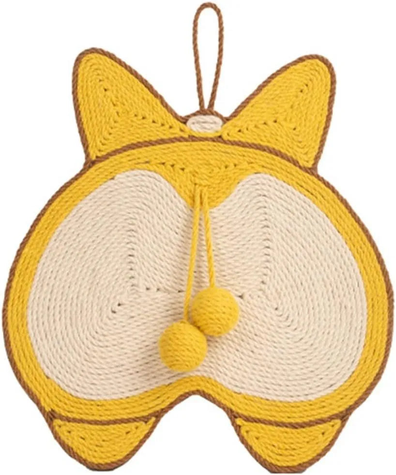 Yellow corgi-shaped sisal cat scratching pad with adhesive hooks and anti-slip base.