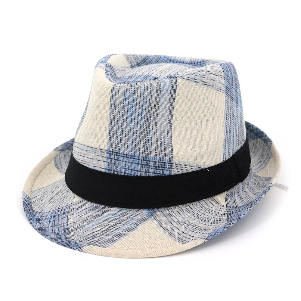 Blue polyester sun hat with a bell-shaped crown and a medium brim on a neutral background
