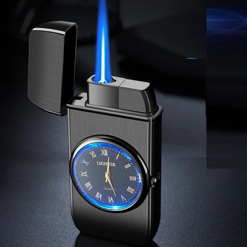 Electronic gas cigarette lighter with LED watch display in metallic finishes