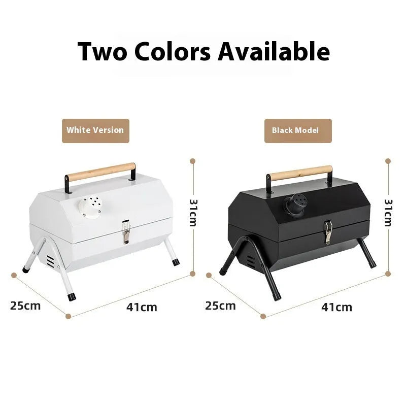 White round portable folding chimney grill with two carbon tanks and mesh grills on grass