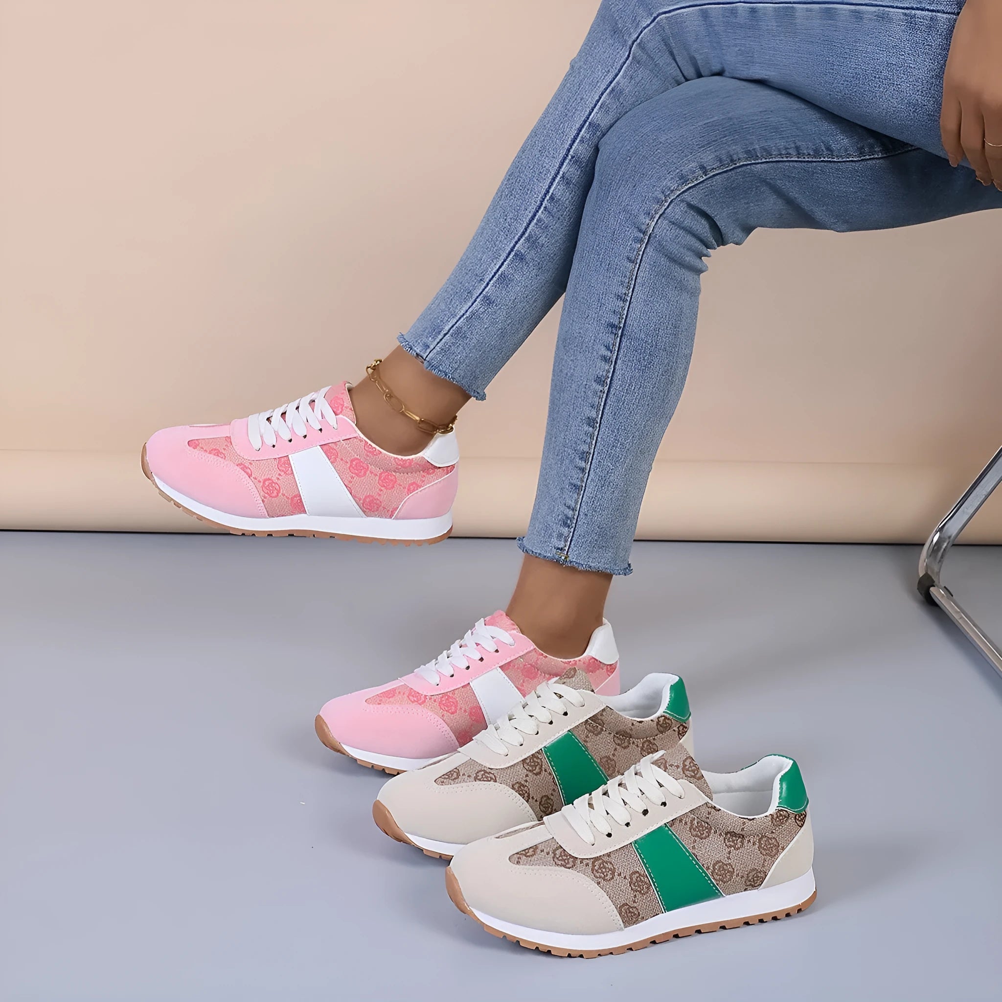 Women's casual lace-up shoes with cross strap in khaki colour showing shallow cut design and rubber sole