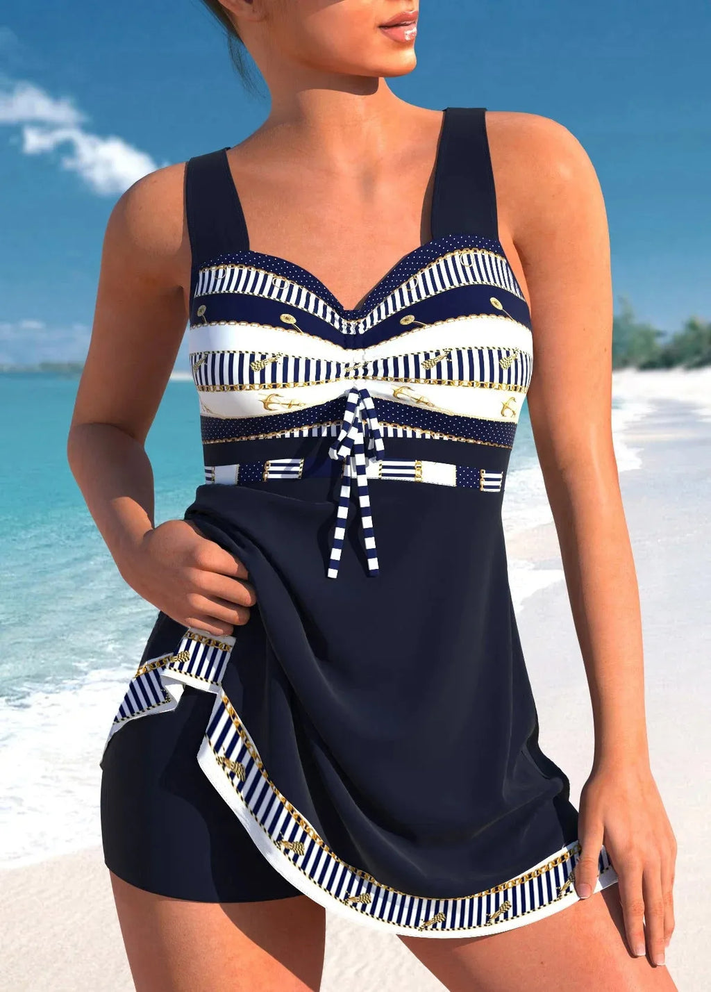 Plus size woman modelling a purple split skirt bikini swimsuit with a sleeveless top.