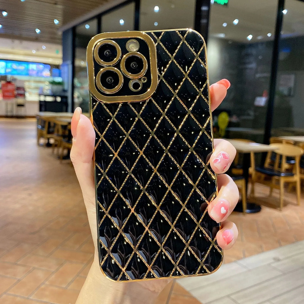 Electroplated 6D diamond TPU iPhone back cover in black, angled view with reflective pattern