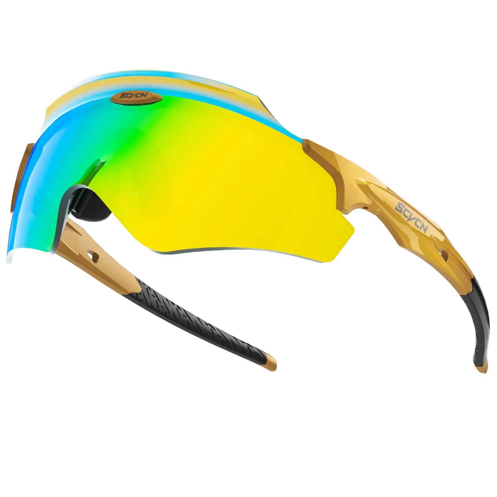 Frameless integrated lens sports goggles in a bold colour, shown from a front perspective.
