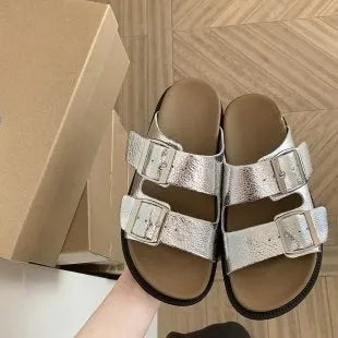 Women's casual summer slippers with belt buckle, microfiber upper, round toe, available in multiple colours and sizes 35-40