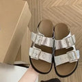 Women's casual summer slippers with belt buckle, microfiber upper, round toe, available in multiple colours and sizes 35-40