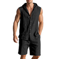 Men's sleeveless linen shirt and shorts suit set on a hanger, shown in a light colour.