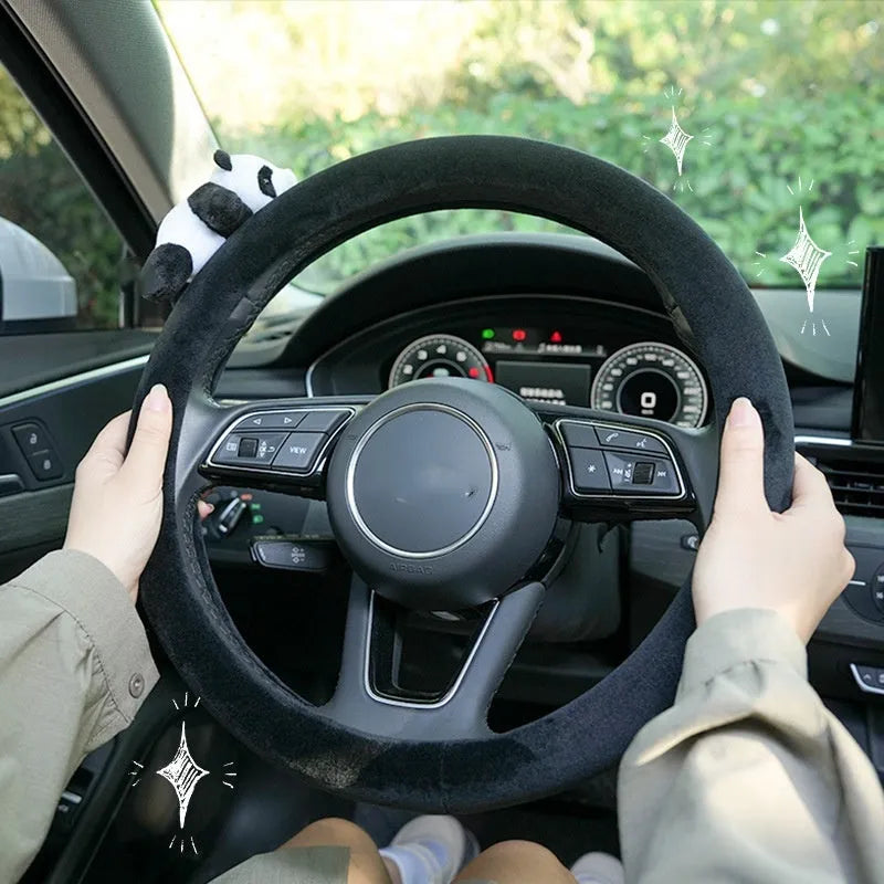 Black panda plush steering wheel cover and matching shoulder pad set for cars