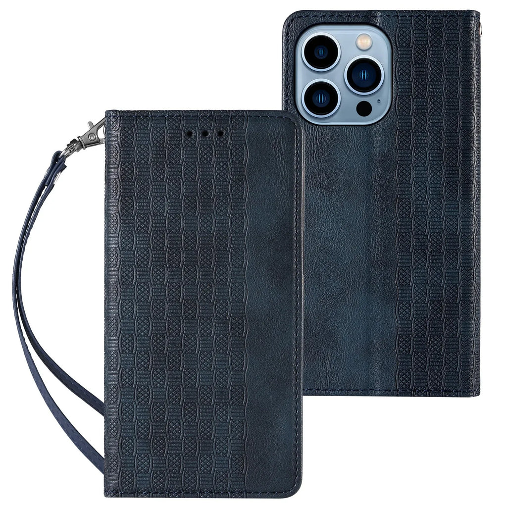 Embossed leather-style flip phone case for iPhone shown in black, brown, blue, and red colours.
