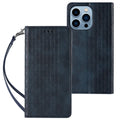 Embossed leather-style flip phone case for iPhone shown in black, brown, blue, and red colours.