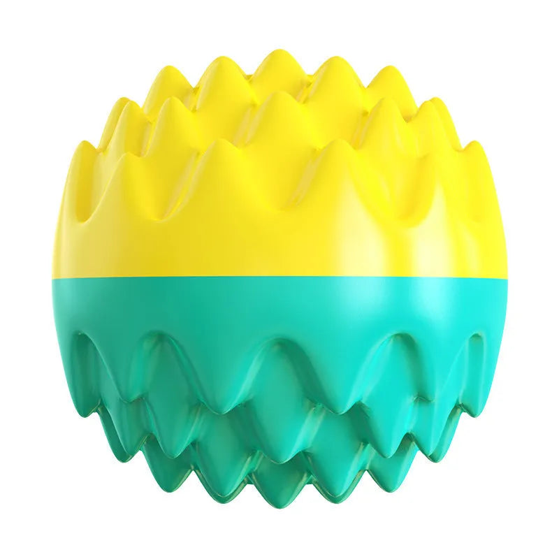 Blue spiky rubber dog ball with squeaker for dental cleaning and water fetch