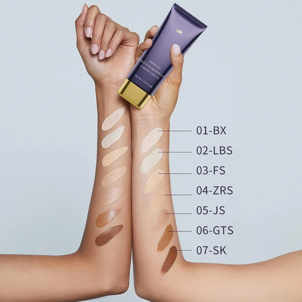 Waterproof body tattoo concealer cream tube and brush in one of seven radiance shades.