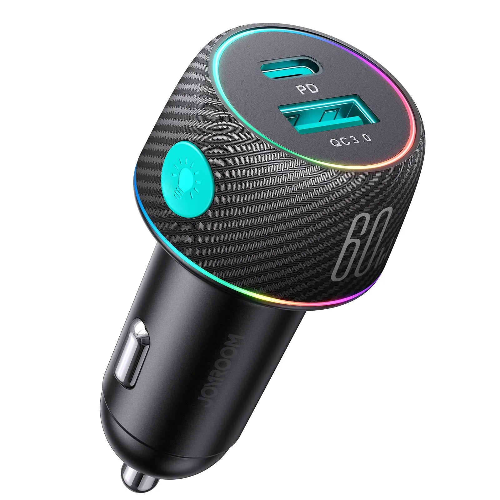 60W dual port button car charger with seven colour ambient light and PD3.0 QC3.0 support