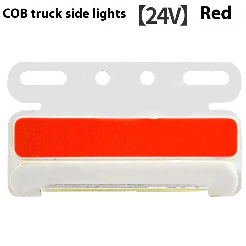 IP68 waterproof COB LED truck side light with aluminium alloy housing, shown in multiple colours.