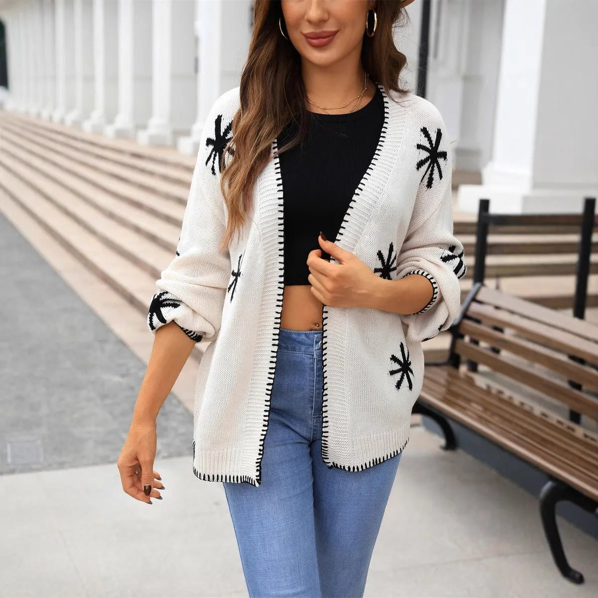 Women's plus size jacquard floral pattern knitted coat in beige colour with loose-fitting cardigan design