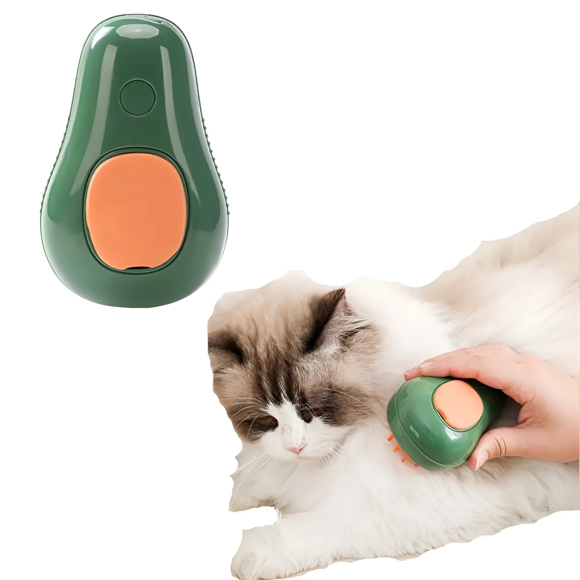 Green and white 3-in-1 cat steam brush with silicone teeth and water spray function, shown with size scale.