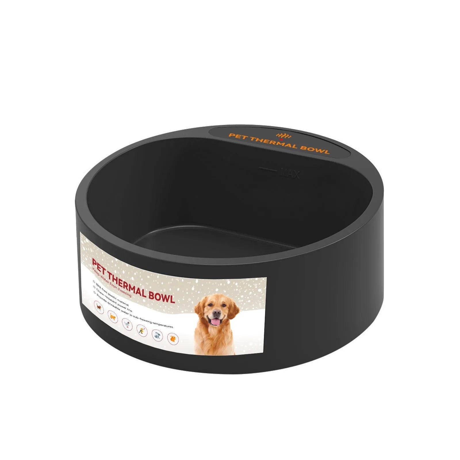 Black ABS heated pet bowl for cats and dogs with constant temperature warming feature.