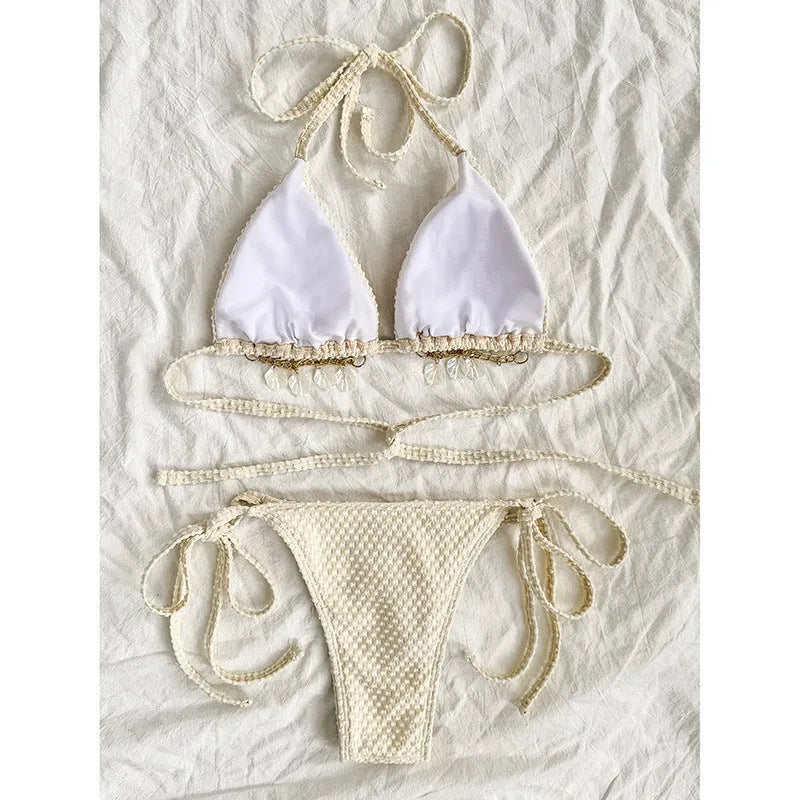 Women's halter lace-up bikini swimsuit in milky white, green, or white, briefs style.