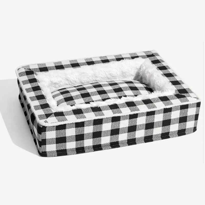 Classic plaid removable dog kennel mat in red, shown inside a wire crate