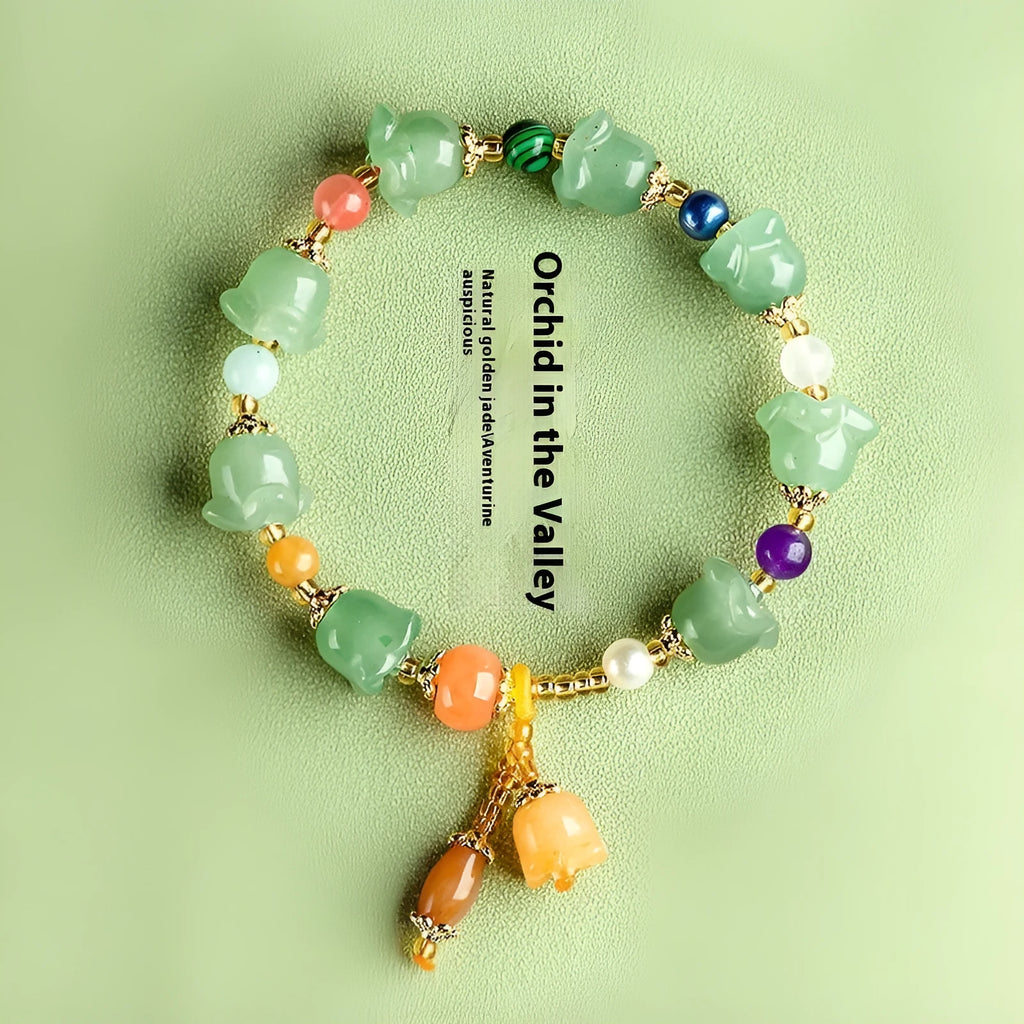 Natural Xinjiang Jinsi Jade bracelet with carved orchid beads in aventurine orchid colour for 14-18cm wrists
