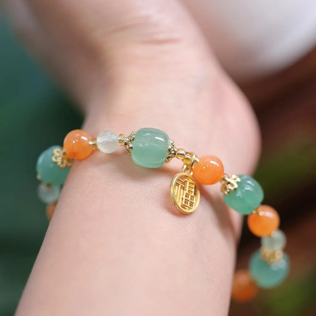 Chinese Duobao pumpkin bracelet with Jinsi Jade beads and prehnite stones for women