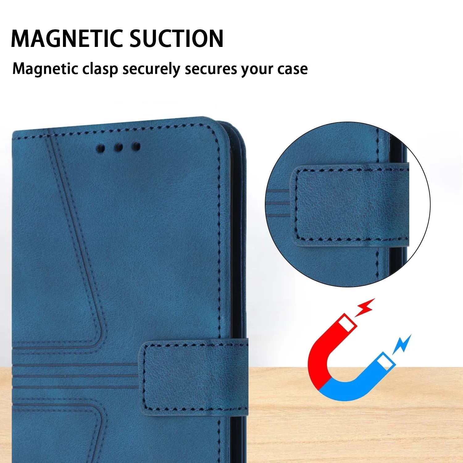 Blue geometric embossed flip card leather case for Samsung with short hand strap