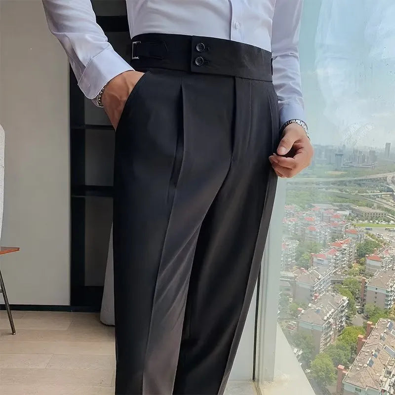 Retro high waist straight leg casual trousers in a cotton blend fabric, shown in a neutral colour.