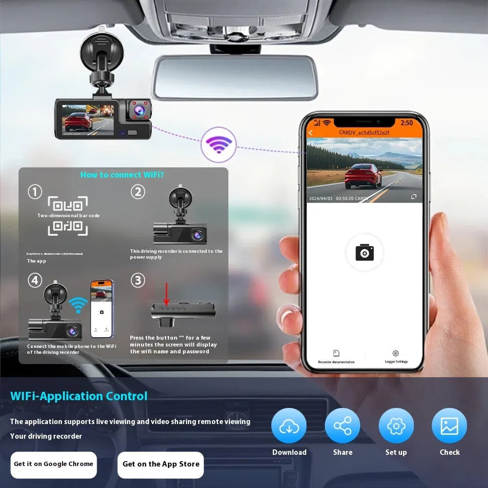 Black front and rear Wi-Fi car dash cam with 2.0 inch screen mounted on windscreen, showing rear camera feed.